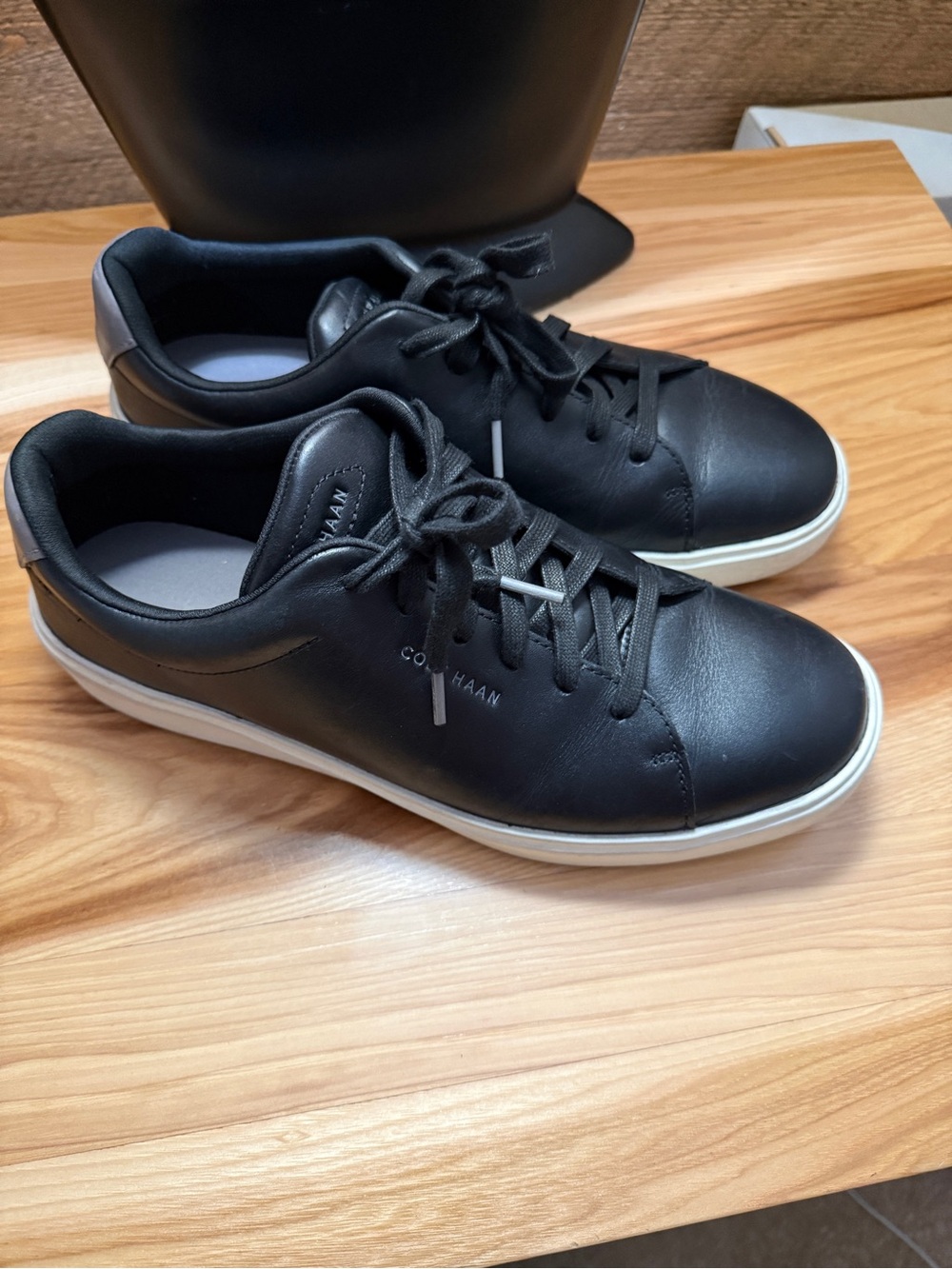 Cole Haan Black Leather Low-Profile Sneakers with White Sole